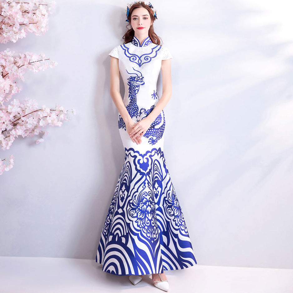 Dragons Pattern Mandarin Collar Mermaid Cheongsam Chinese Style Wedding Dress White / 5XL Dragons Pattern Mandarin Collar Mermaid Cheongsam Chinese Style Wedding Dress White / 5XL