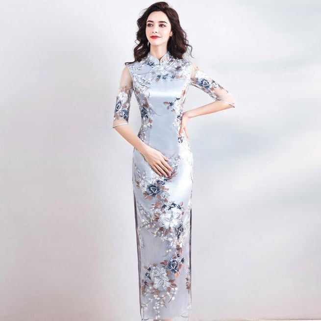 Half Sleeve Floral Brocade Full Length Cheongsam Evening Dress – IDREAMMART