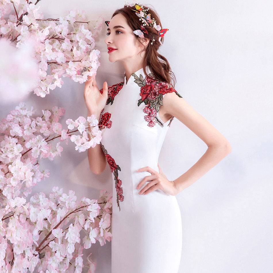 Floral Cheongsam Top Full Length Mermaid Evening Dress White / M Floral Cheongsam Top Full Length Mermaid Evening Dress White / M
