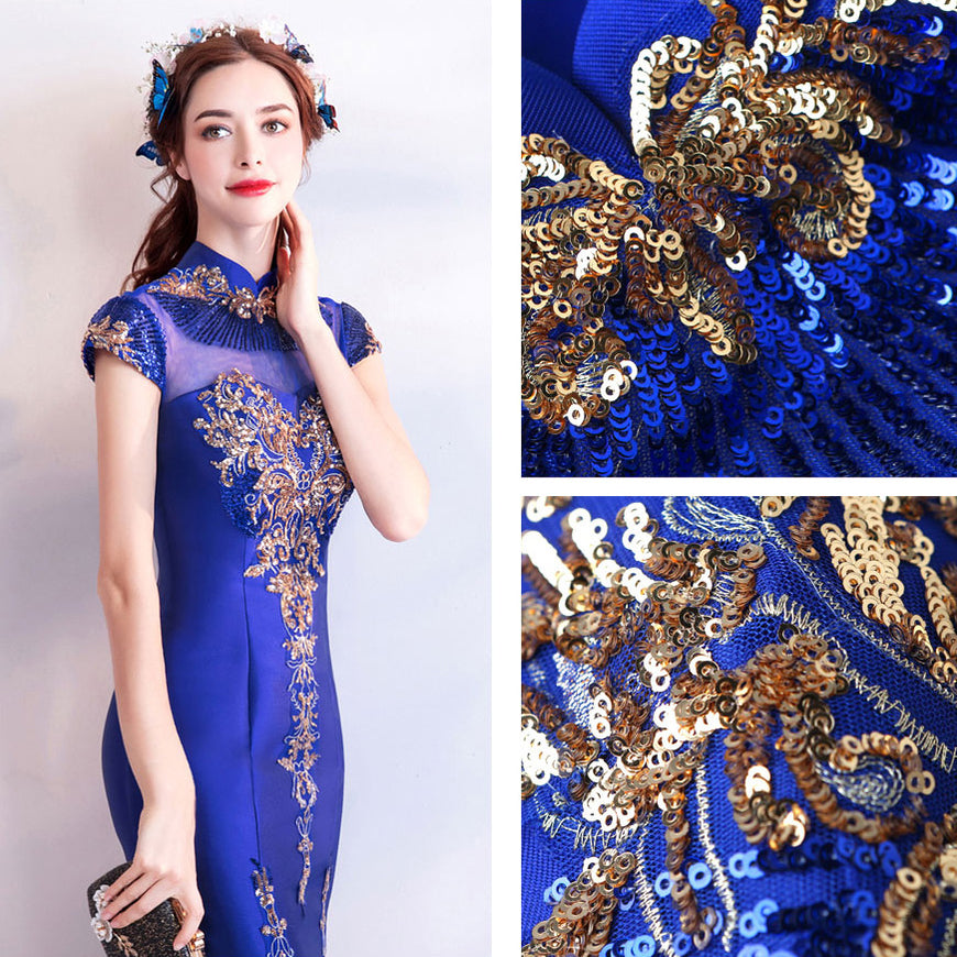 Floral Sequins Cheongsam Top Full Length Mermaid Evening Dress