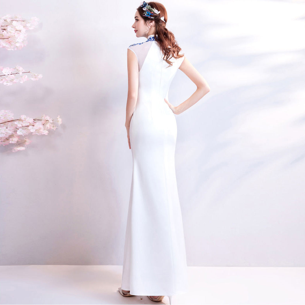 Floral Embroidery Cheongsam Top Full Length Mermaid Evening Dress White / S Floral Embroidery Cheongsam Top Full Length Mermaid Evening Dress White / S