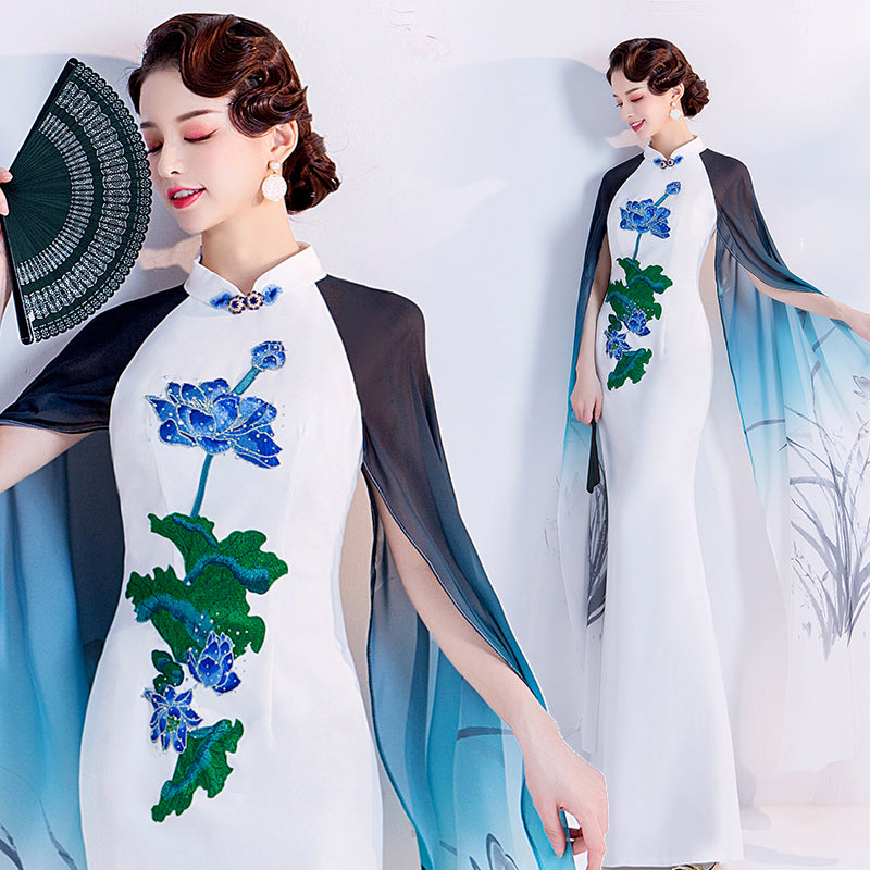 Lotus Embroidery Cheongsam Mermaid Evening Dress with Chiffon Sleeve ...