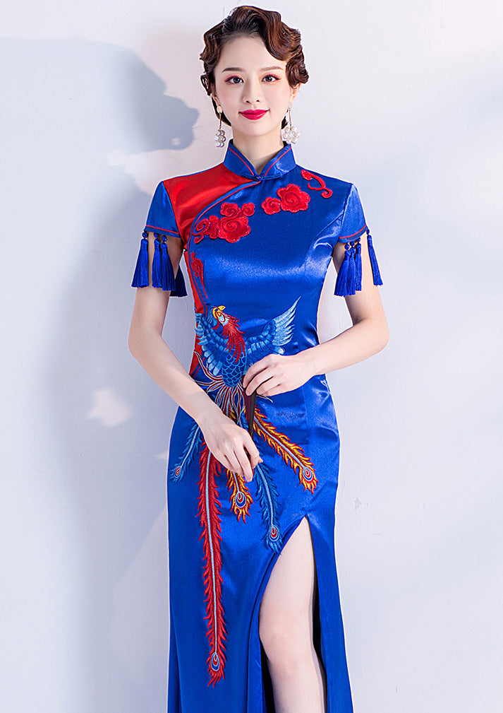 Phoenix Embroidery Cheongsam Top Mermaid Evening Dress with Tassels