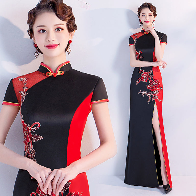 Cap Sleeve Floral Embroidery Cheongsam Top Mermaid Evening Dress