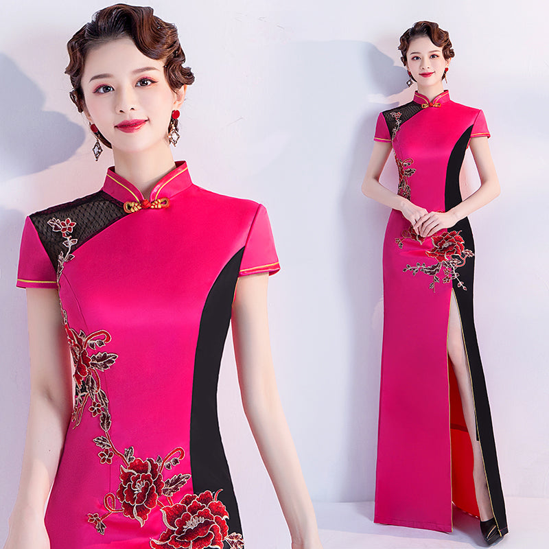 Cap Sleeve Floral Embroidery Cheongsam Top Mermaid Evening Dress