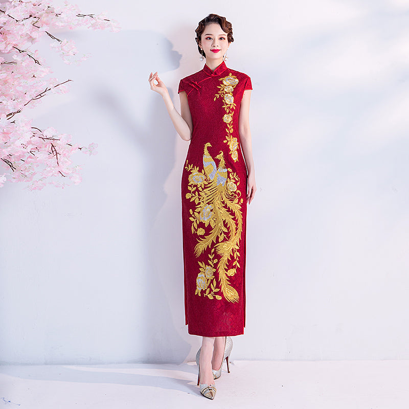 Phoenix & Floral Embroidery Traditional Cheongsam Evening Dress