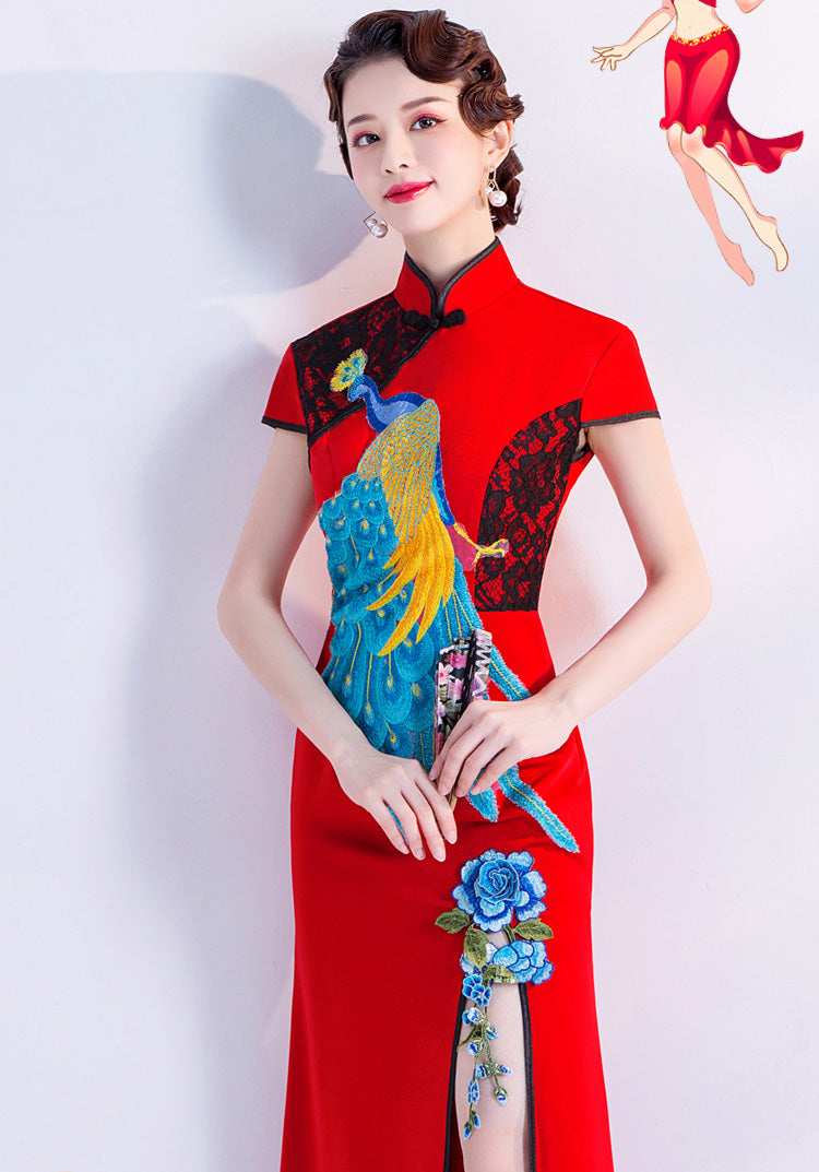 Peacock Embroidery Appliques Cheongsam Top Mermaid Evening Dress
