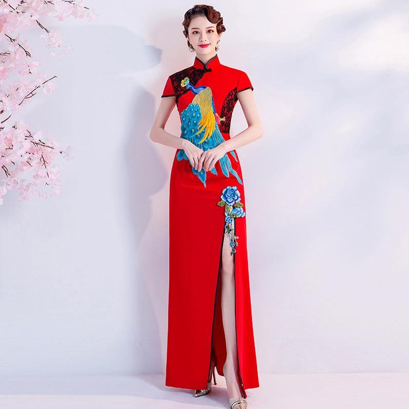 Peacock Embroidery Appliques Cheongsam Top Mermaid Evening Dress Red / XS Peacock Embroidery Appliques Cheongsam Top Mermaid Evening Dress Red / XS