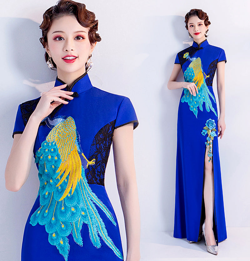 Peacock Embroidery Appliques Cheongsam Top Mermaid Evening Dress