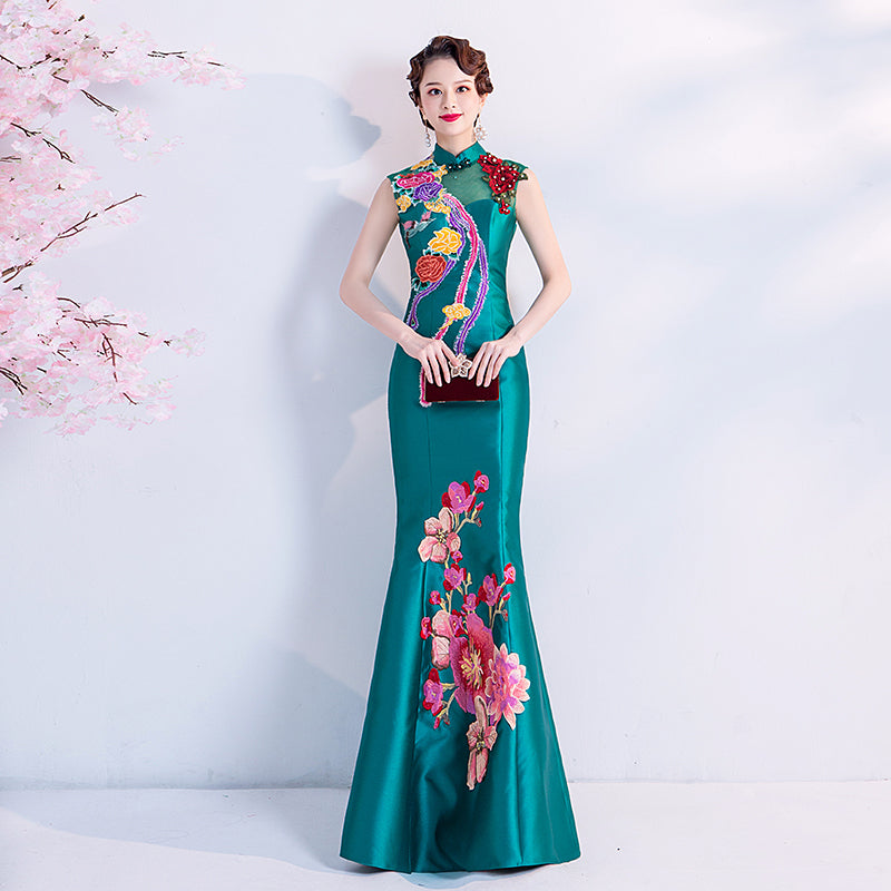 Floral Embroidery Appliques Taffeta Cheongsam Top Mermaid Evening Dress Green / 3XL Floral Embroidery Appliques Taffeta Cheongsam Top Mermaid Evening Dress Green / 3XL