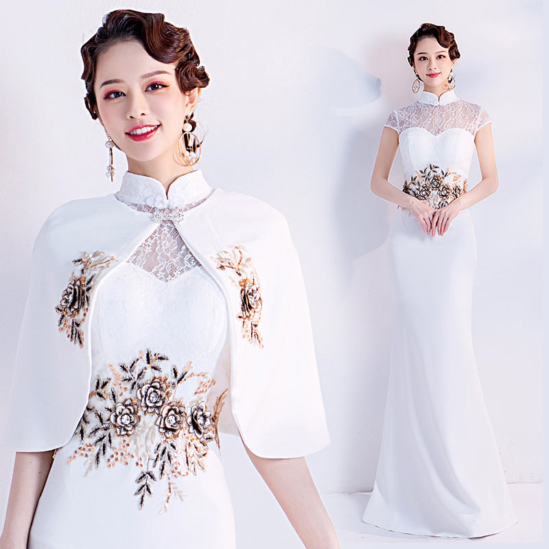 Floral Embroidery Appliques Lace Neck Mermaid Evening Dress with Cape White / L Floral Embroidery Appliques Lace Neck Mermaid Evening Dress with Cape White / L