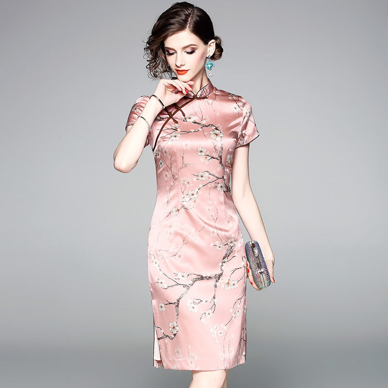 knee length figure of a man in an oriental dress Short Sleeve Landscape Pattern Silk Traditional Cheongsam Knee Length Chinese Dress Blue / L