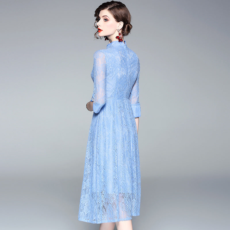 Mandarin Collar Cheongsam Top Floral Hollow Lace Dress