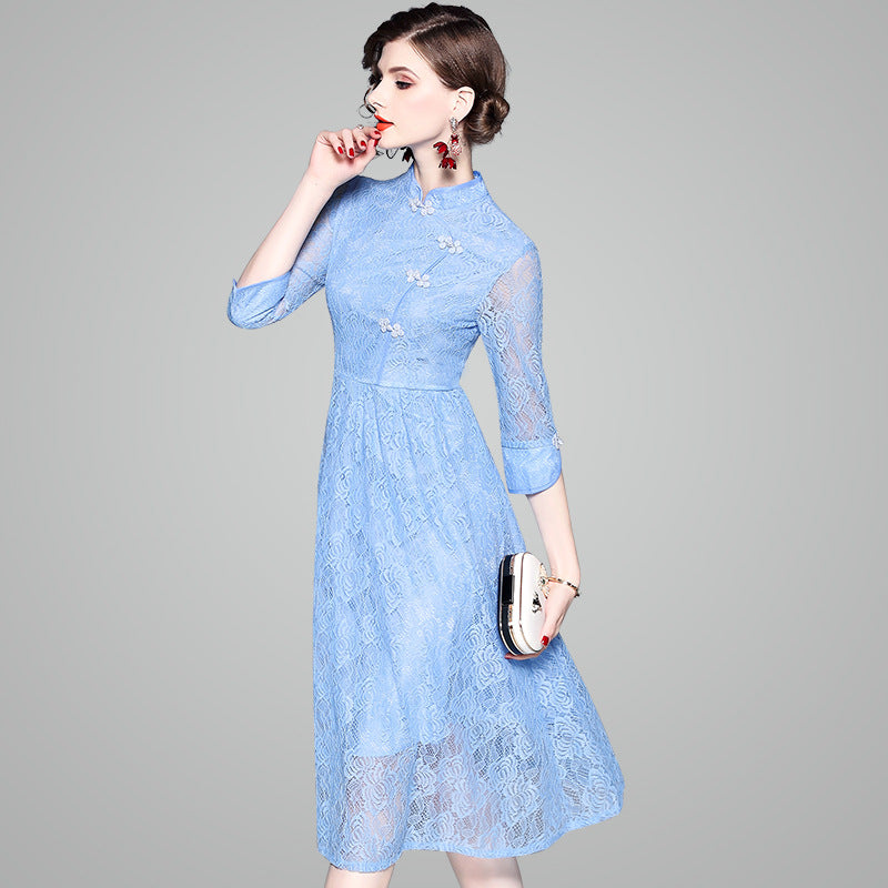 Mandarin Collar Cheongsam Top Floral Hollow Lace Dress