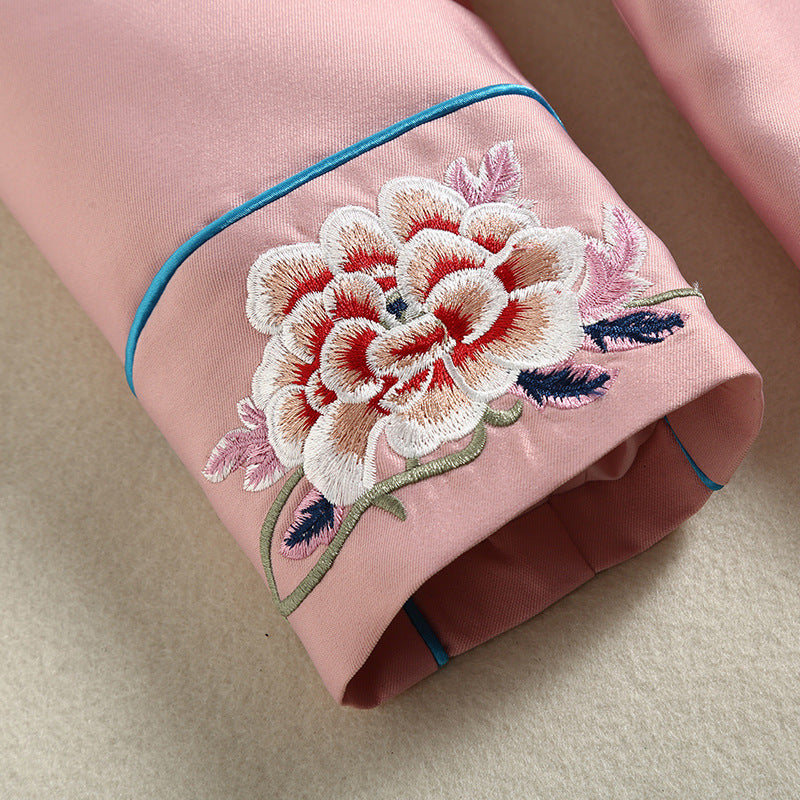 Mandarin Collar Knee Length Chinese Style Floral Embroidery Wind Coat