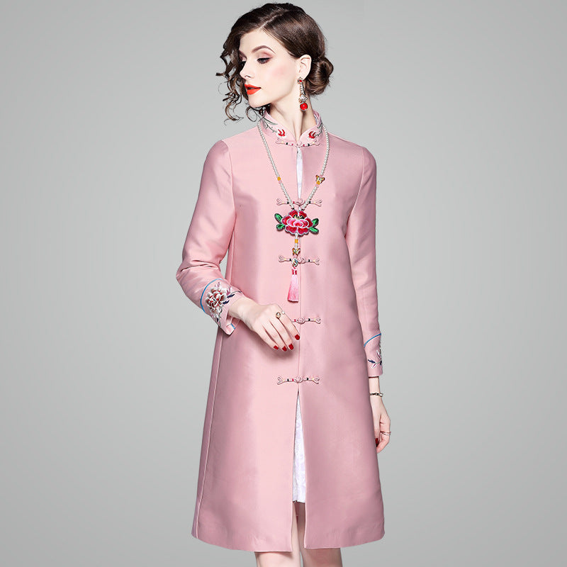 Mandarin Collar Knee Length Chinese Style Floral Embroidery Wind Coat