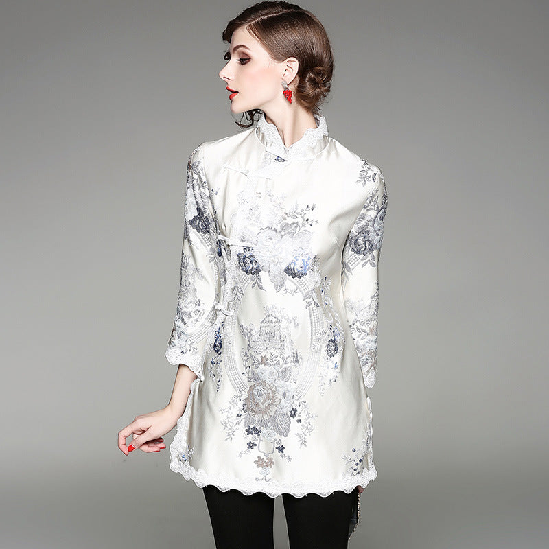 3/4 Sleeve Stand Collar Floral Lace Edge Cheongsam Blouse