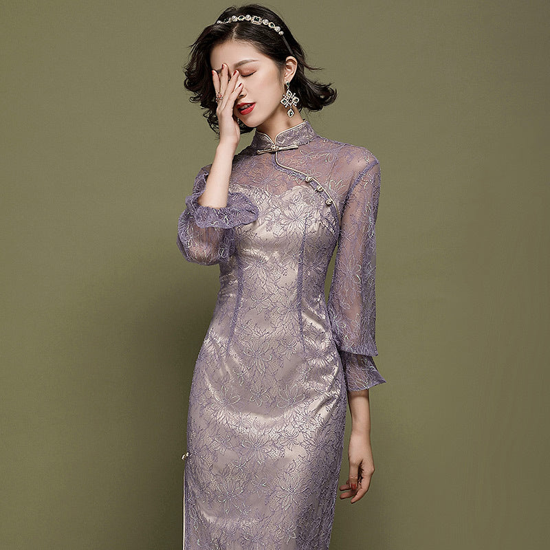 Puff Sleeve Illusion Neck Floral Lace Cheongsam Chinese Evening Dress