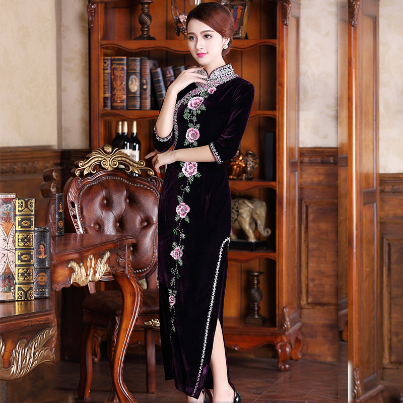★ mammamです★8/1アンティーク　女の子　着物　NO8 3/4 Sleeve Floral Embroidery Full Length Velvet Cheongsam