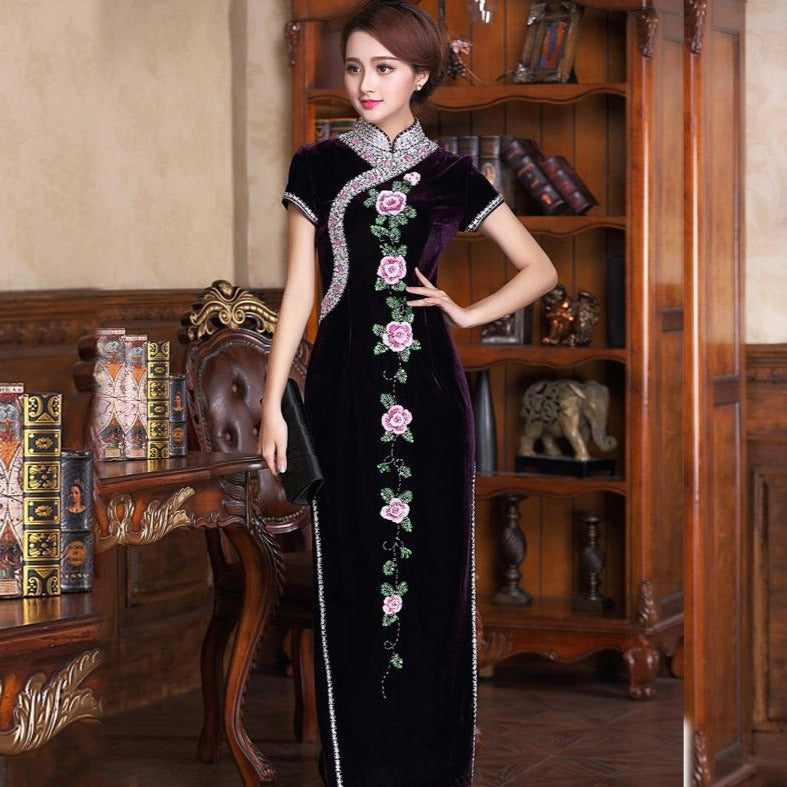Cap Sleeve Floral Embroidery Full Length Velvet Cheongsam Mother Dress