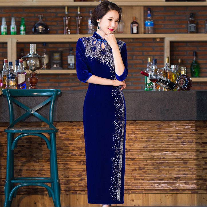 Women royal blue velvet Chinese dresses Cheongsam long sleeve