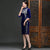 Keyhole Neck Knee Length Velvet Cheongsam Chinese Dress with Sequins