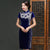 Floral Embroidery Keyhole Neck Knee Length Velvet Cheongsam Chinese Dress