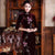 Floral Embroidery Long Sleeve Full Length Velvet Cheongsam Chinese Dress