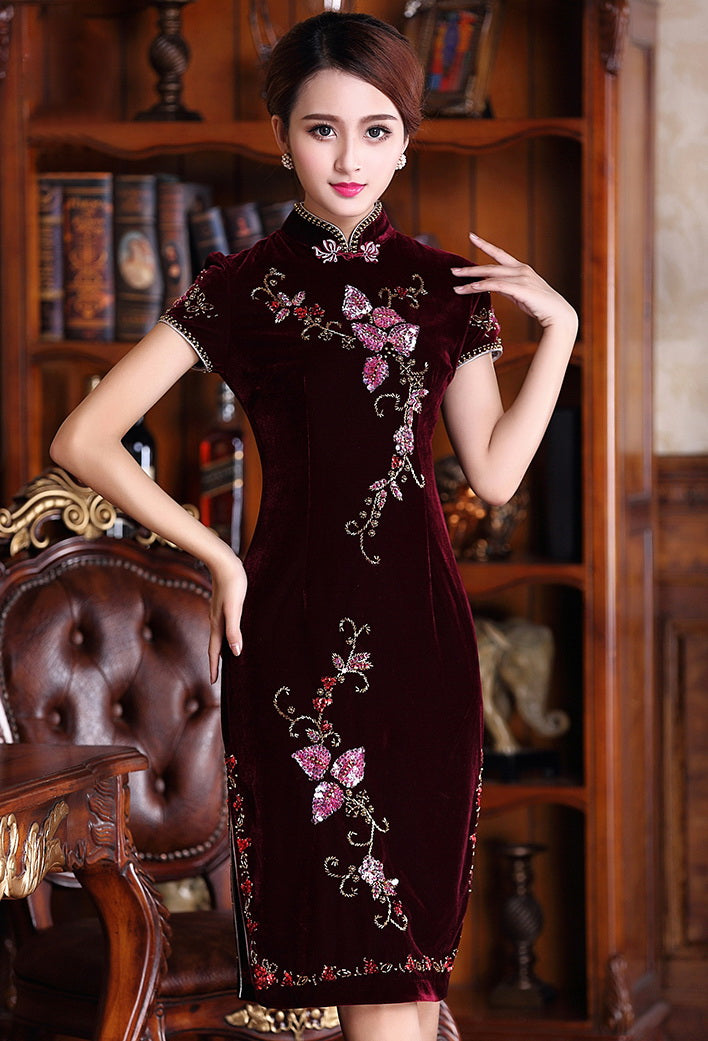 Floral Embroidery Cap Sleeve Knee Length Velvet Cheongsam Chinese Dress Burgundy / 3XL Floral Embroidery Cap Sleeve Knee Length Velvet Cheongsam Chinese Dress Burgundy / 3XL