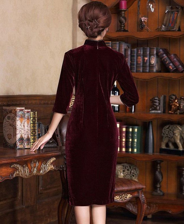 Floral Print Half Sleeve Knee Length Velvet Cheongsam Chinese Dress Floral Print Half Sleeve Knee Length Velvet Cheongsam Chinese Dress