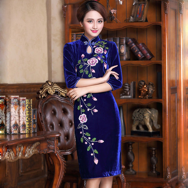 Key Hole Neck Half Sleeve Floral Velvet Cheongsam Chinese Dress