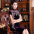 Illusion Neck Cap Sleeve Velvet Cheongsam Chinese Dress with Leaves Appliques