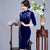 Key Hole Neck Half Sleeve Velvet Cheongsam Chinese Dress with Floral Appliques