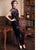 Illusion Neck Full Length Velvet Cheongsam Chinese Dress with Floral Appliques