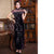 Illusion Neck Full Length Velvet Cheongsam Chinese Dress with Floral Appliques