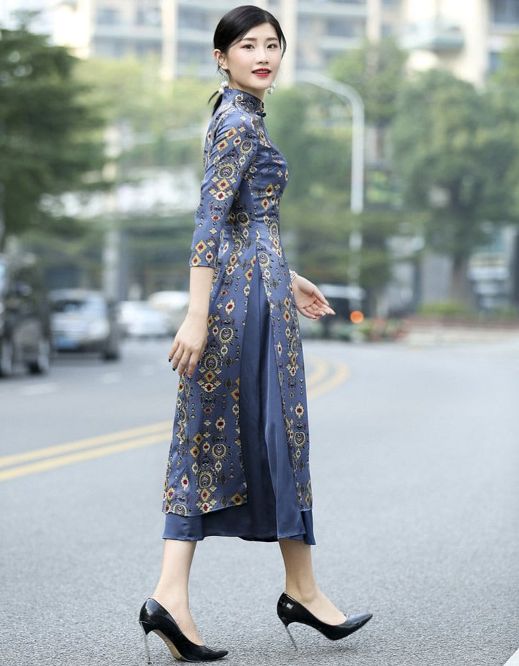3/4 Sleeve Auspicious Pattern Cheongsam Top Tea Length Ao Dai Dress
