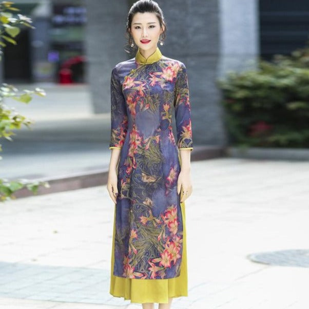 3/4 Sleeve Cheongsam Top Tea Length Ao Dai Floral Dress