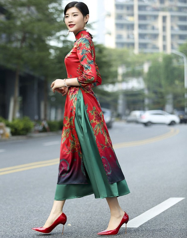 Cheongsam Top Tea Length Vietnam Ao Dai Floral Dress Green / XS Cheongsam Top Tea Length Vietnam Ao Dai Floral Dress Green / XS