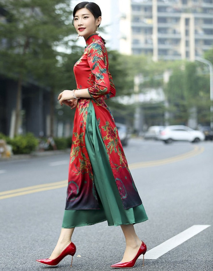 Cheongsam Top Tea Length Vietnam Ao Dai Floral Dress – IDREAMMART