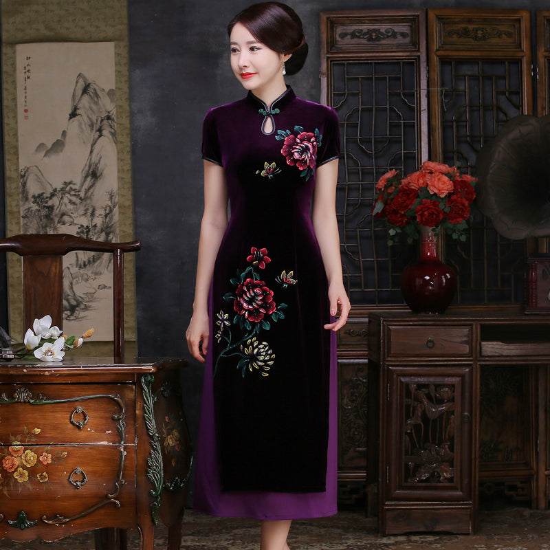 Velvet Cheongsam Top Tea Length Vietnam Ao Dai Floral Dress