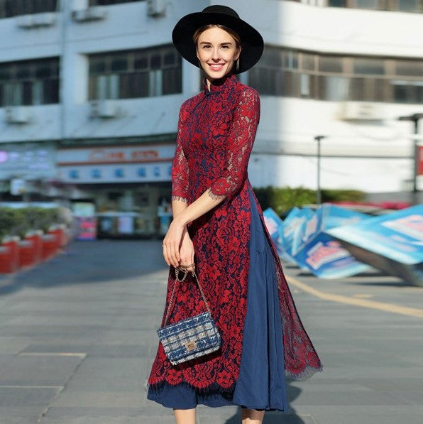 Cheongsam Top Floral Lace Tea Length Ao Dai Dress – IDREAMMART