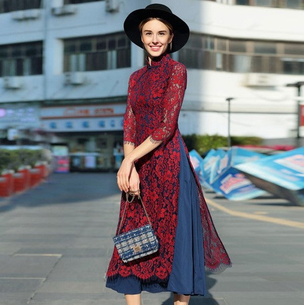 Cheongsam Top Floral Lace Tea Length Ao Dai Dress Cheongsam Top Floral Lace Tea Length Ao Dai Dress