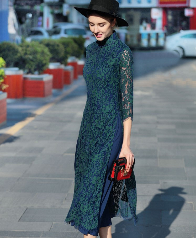 Cheongsam Top Floral Lace Tea Length Ao Dai Dress Cheongsam Top Floral Lace Tea Length Ao Dai Dress