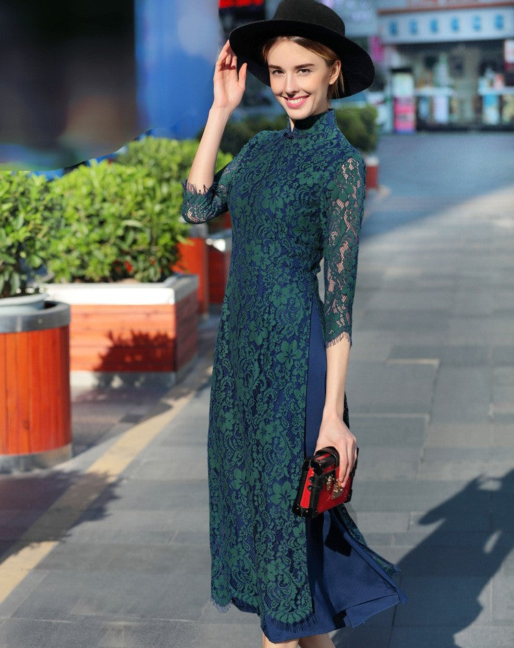 Cheongsam Top Floral Lace Tea Length Ao Dai Dress IDREAMMART Cheongsam Top Floral Lace Tea Length Ao Dai Dress IDREAMMART