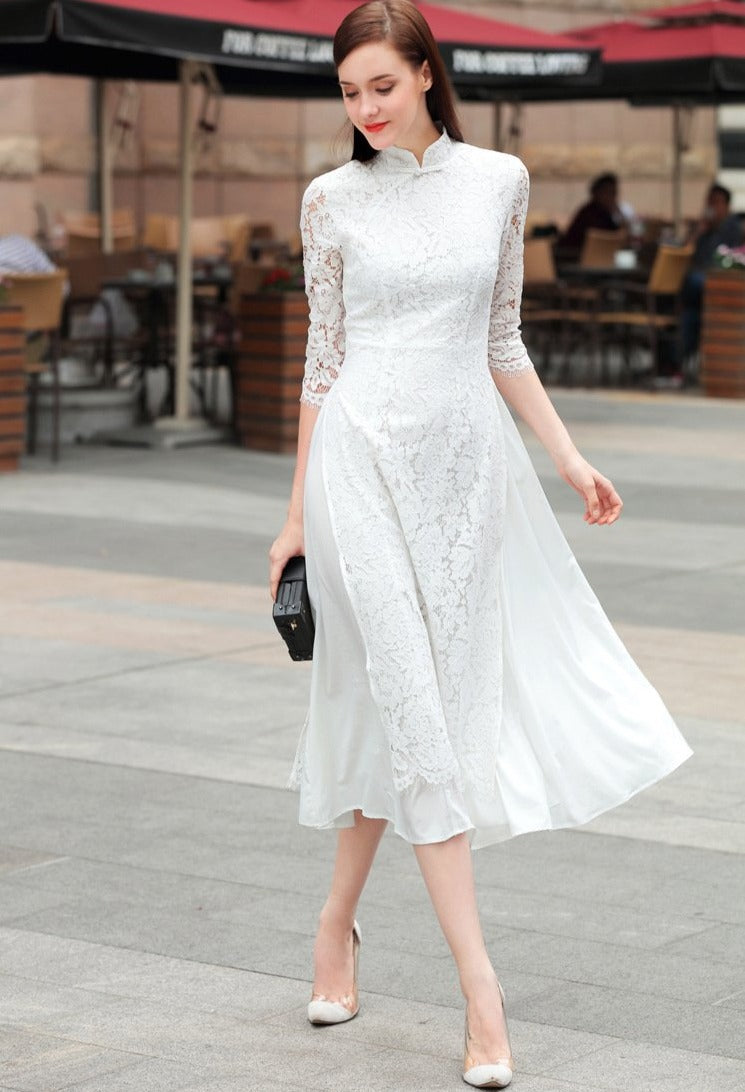 3/4 Sleeve Cheongsam Top Floral Lace Tea Length Ao Dai Dress 3/4 Sleeve Cheongsam Top Floral Lace Tea Length Ao Dai Dress