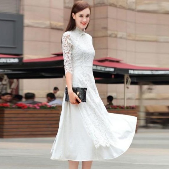 3/4 Sleeve Cheongsam Top Floral Lace Tea Length Ao Dai Dress 3/4 Sleeve Cheongsam Top Floral Lace Tea Length Ao Dai Dress