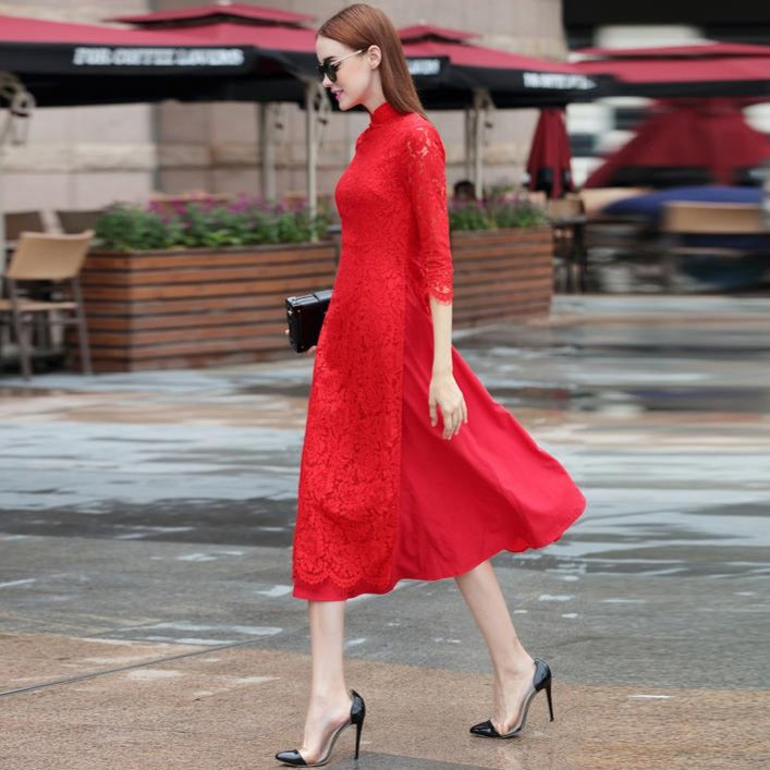 3/4 Sleeve Cheongsam Top Floral Lace Tea Length Ao Dai Dress 3/4 Sleeve Cheongsam Top Floral Lace Tea Length Ao Dai Dress