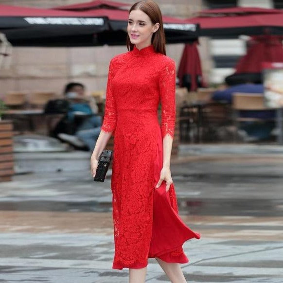 red lace 3 4 sleeve dress Glory Sunshine Red Lace Sheath Dress 3/4 Sleeve Floral Medium
