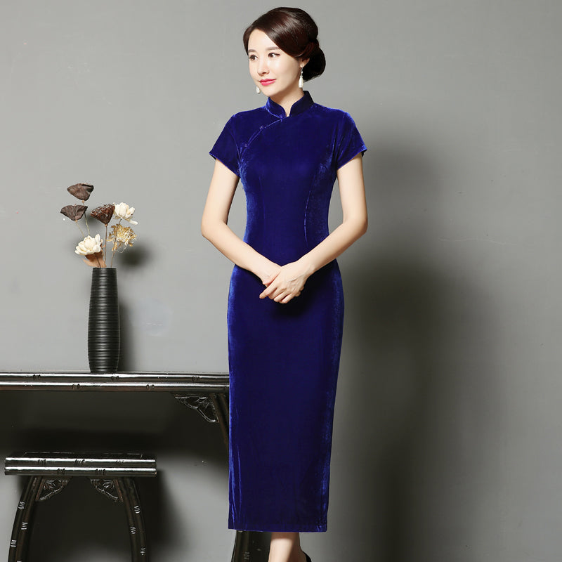 Cap Sleeve Tea Length Velvet Cheongsam Qipao Dress