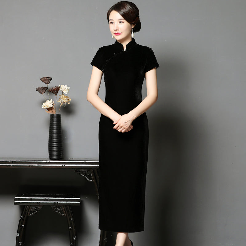 Cap Sleeve Tea Length Velvet Cheongsam Qipao Dress